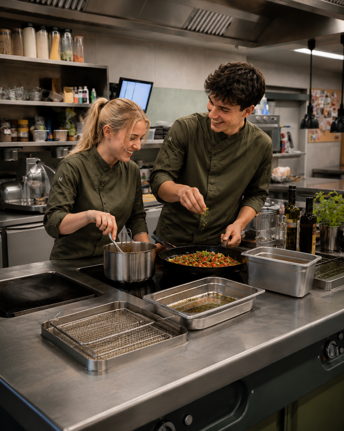 Zwei junge Koechinnen und Koeche bei der Arbeit in der Kueche von das Johanns