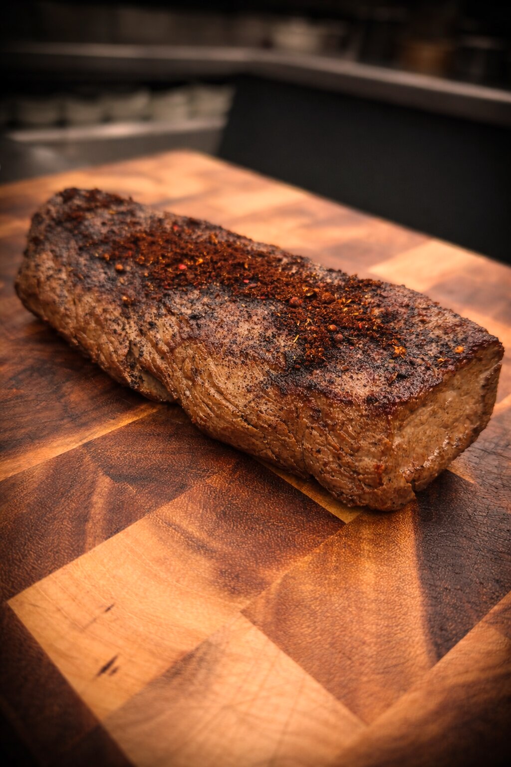 Ganzes Rinderfilet mit Gewürzkruste auf dem Holzbrett